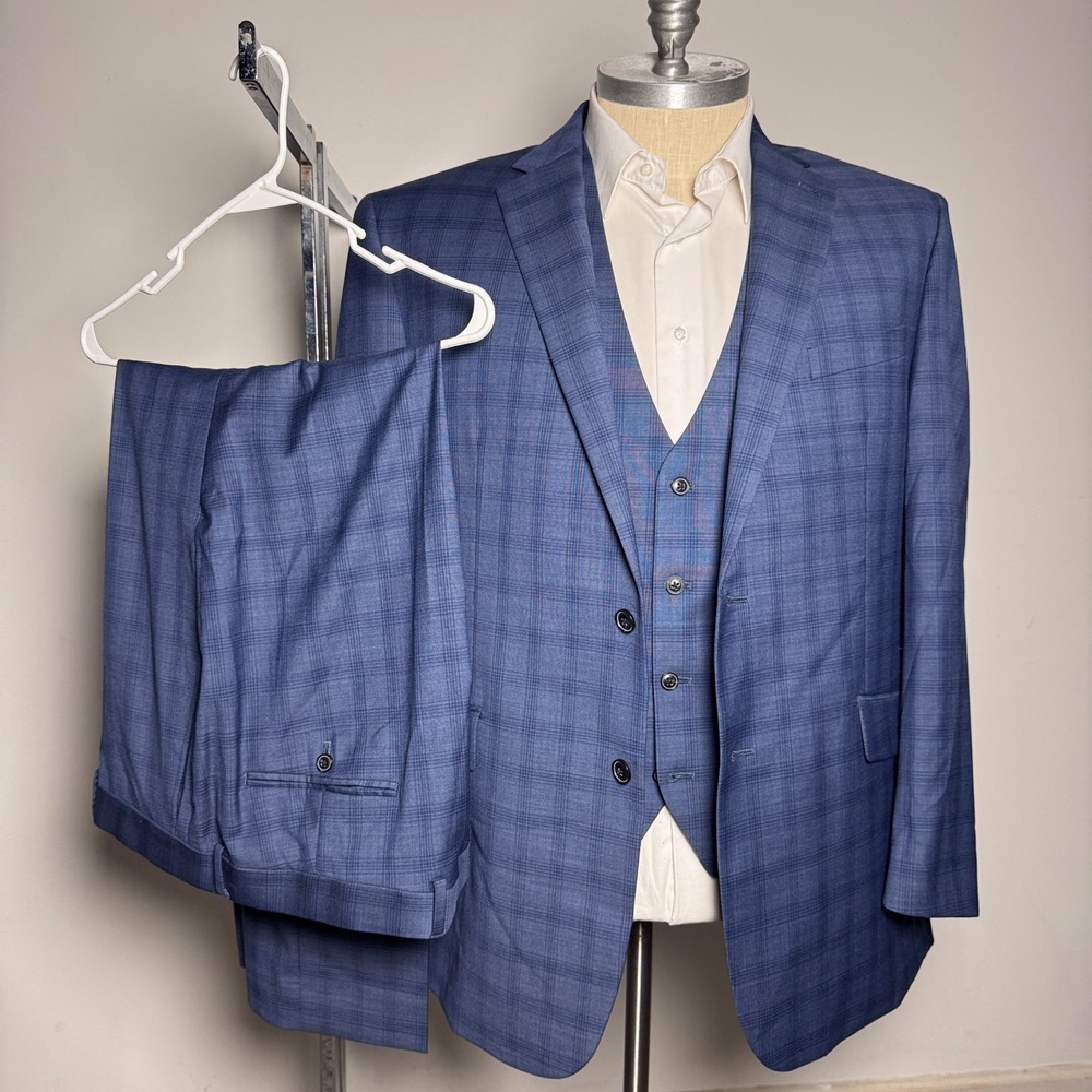Joseph Abboud 3-Piece Suit Mens 48L 42W Blue Plaid Wool Blend Modern Two-Button